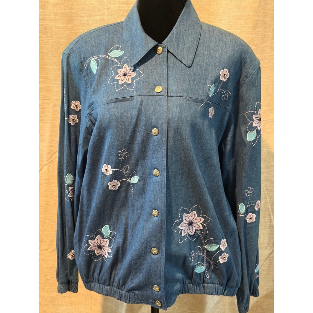 Alfred Dunner Women Blue Floral Embroidered Denim Jacket Button Front Size 10